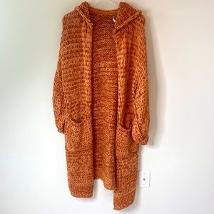 Free People Chunky Full Length Sweater Orange Sz XS with Hoodie